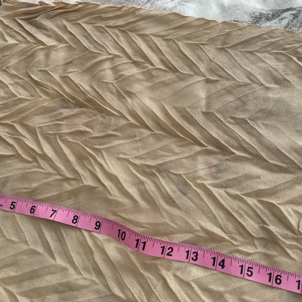 Beige pleated textured acrylic semi sheer scarf with fringe trim, size 69»x15”